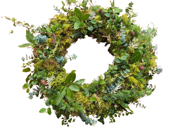 Kranz mit strukturierten Blättern und Blüten